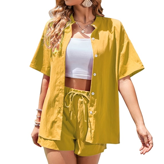 Defitshape Women's Thin Shorts Pajama Set Loose Fit Pj Comfy 2 Piece Outfit Cool Lounge Lightweight Yellow Large