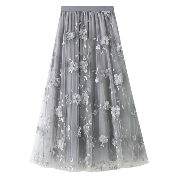 Lu's Chic Women's Tulle Midi Skirt Floral High Waisted Layered Mesh Formal Prom Party Pleated Summer Floral Elastic Waist Tea-length A-line Tutu Skirts Grey X-Small-Large