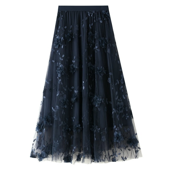 Lu's Chic Women's Tulle Midi Skirt Floral High Waisted Layered Mesh Formal Prom Party Pleated Summer Floral Elastic Waist Tea-length A-line Tutu Skirts Navy X-Small-Large