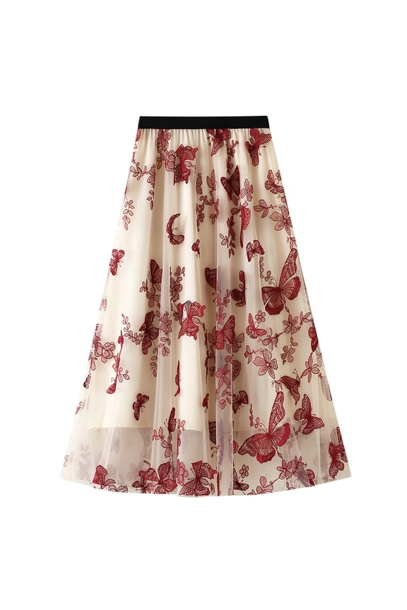 Lu's Chic Women's Tulle Midi Skirt Pleated Summer Floral Elastic Waist Tea-length Layered Butterfly High Waisted Floral A-line Tutu Mesh Formal Prom Party Skirts Red X-Small-Large