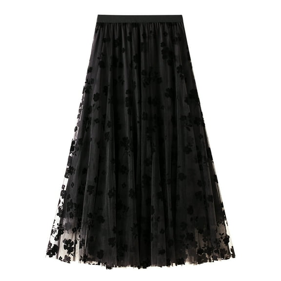 Lu's Chic Women's Tulle Skirt High Waisted Floral Layered Elastic Waist A-line Midi Tutu Waisted Tea-length Mesh Pleated Formal Prom Party Skirts Black X-Small-Large