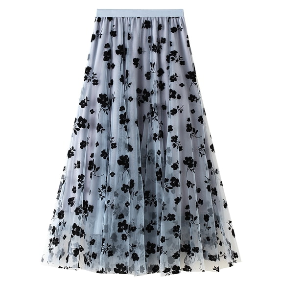 Lu's Chic Women's Tulle Skirt High Waisted Floral Layered Elastic Waist A-line Midi Tutu Waisted Tea-length Mesh Pleated Formal Prom Party Skirts Blue X-Small-Large
