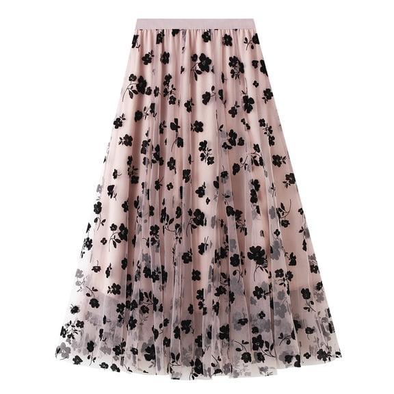 Lu's Chic Women's Tulle Skirt High Waisted Floral Layered Elastic Waist A-line Midi Tutu Waisted Tea-length Mesh Pleated Formal Prom Party Skirts Pink X-Small-Large