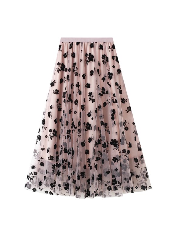 Lu's Chic Women's Tulle Skirt High Waisted Floral Layered Elastic Waist A-line Midi Tutu Waisted Tea-length Mesh Pleated Formal Prom Party Skirts Pink X-Small-Large