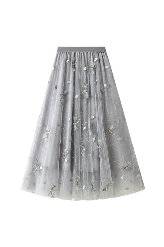 Lu's Chic Women's Tulle Skirt Midi Tutu Skirts High Waisted Printed Elastic Waist A-line Tea-length Mesh Pleated Formal Prom Party Calf Length Grey One Size