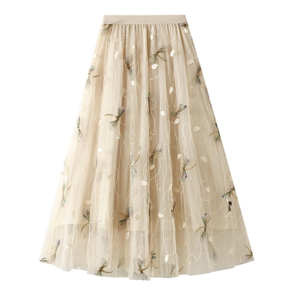 Lu's Chic Women's Tulle Skirt Midi Tutu Skirts High Waisted Printed Elastic Waist A-line Tea-length Mesh Pleated Formal Prom Party Calf Length Nude One Size