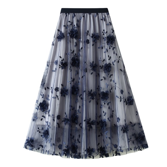 Lu's Chic Women's Tulle Skirt Tutu Floral Printed Tea-length Elastic Waist A-line High Waisted Layered Mesh Midi Length Pleated Skirts Navy One Size