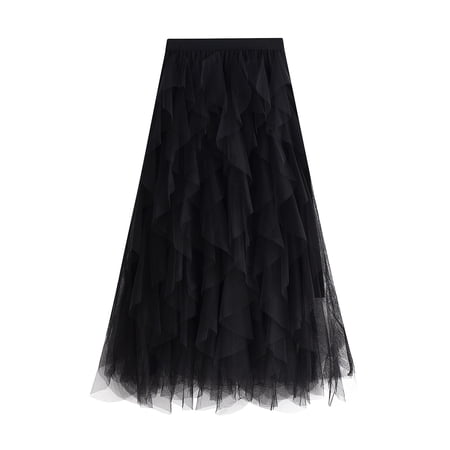 Lu's Chic Women's Tulle Skirt Tutu High Low Tea-length Asymmetrical Elastic Waist A-line Waisted Layered Midi Mesh Pleated Party Skirts Black One Size
