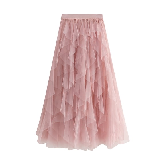 Lu's Chic Women's Tulle Skirt Tutu High Low Tea-length Asymmetrical Elastic Waist A-line Waisted Layered Midi Mesh Pleated Party Skirts Pink One Size