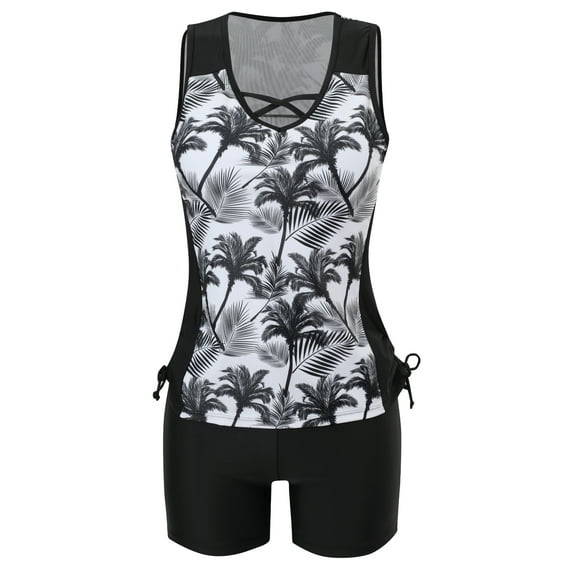 SWSMCLT Women's Padded Short FLoral Printed Two Piece Swimsuit Full Coverage Tankini Bathing Suit Drawstring Beach Style2 X-Large