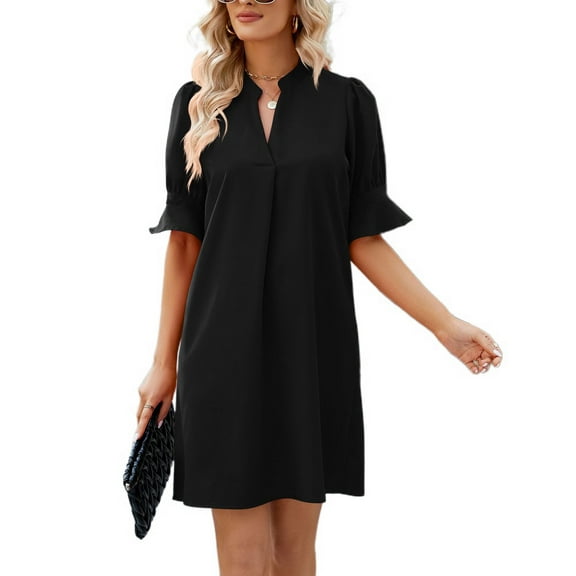 Lu's Chic Women's V Neck Dresses Mini Short Sleeve Dress Summer Spring Fall Half Sleeve Loose Ruched Black XX-Large
