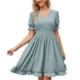 thumbnail image 1 of Lu's Chic Women's V Neck Dresses Summer Short Sleeve Sundress V Neck Ruffle High Waist Dinner A Line Blue Large, 1 of 4