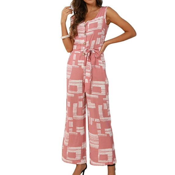 Defitshape Women's V Neck Jumpsuit Sleeveless Summer Rompers Casual Palazzo Wide Leg Loose Relaxed Fit Jumpers Belted Flowy Tank Button Front Jump Suits with Pockets Pink X-Large