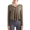 thumbnail image 1 of Lu's Chic Women's V Neck Top Long Sleeve Yoga Shirt Workout High Low Yoga Summer Button Loose Ribbed Fall Spring Coffee 0-2, 1 of 1