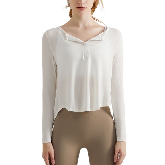 Lu's Chic Women's V Neck Top Long Sleeve Yoga Shirt Workout High Low Yoga Summer Button Loose Ribbed Fall Spring White 0-2
