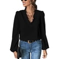 thumbnail image 1 of Defitshape Women's V Neck Top Puff Sleeve Blouse Ruffle Long Sleeve Soft Summer Fall Elegant Blouses Black X-Large, 1 of 4