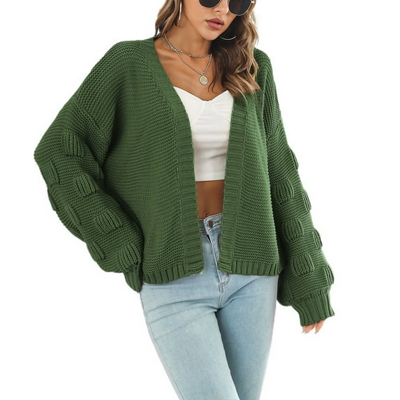 Defitshape Women's V Neck Top Soft Cardigan Fall Short Drop Shoulder Long Sleeve Open Front Warm Casual Sweater Army Green Small