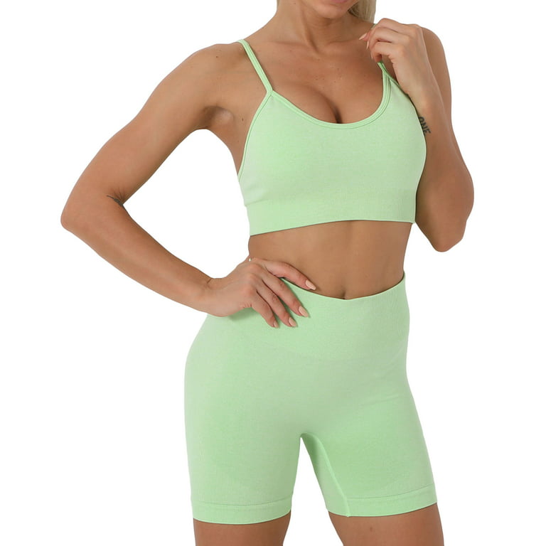 Lu's Chic Women's Workout Sets Matching 2 Piece Outfits Seamless Summer  High Waist Lounge Gym Wear Yoga Exercise Crop Top Cami & Biker Shorts Set  with Padded Bras Activewear Neon Mint Green