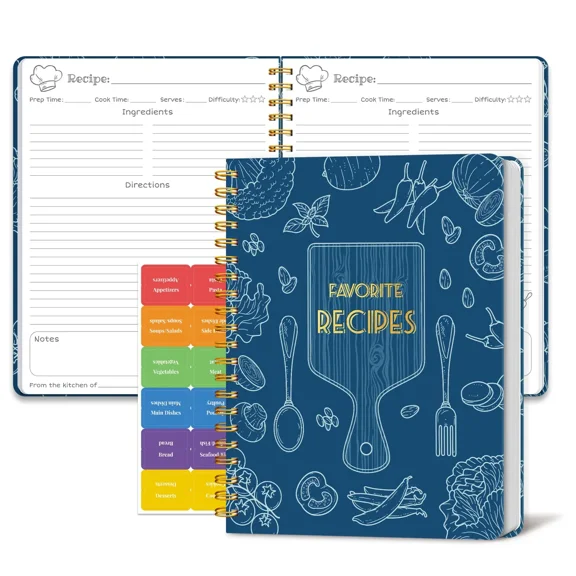 Blank Recipe Book to Write in Your Own Recipes, Spiral Bound Journal 8.5x11, 140 Pages Hardcover Cookbook with Stickers, Blue