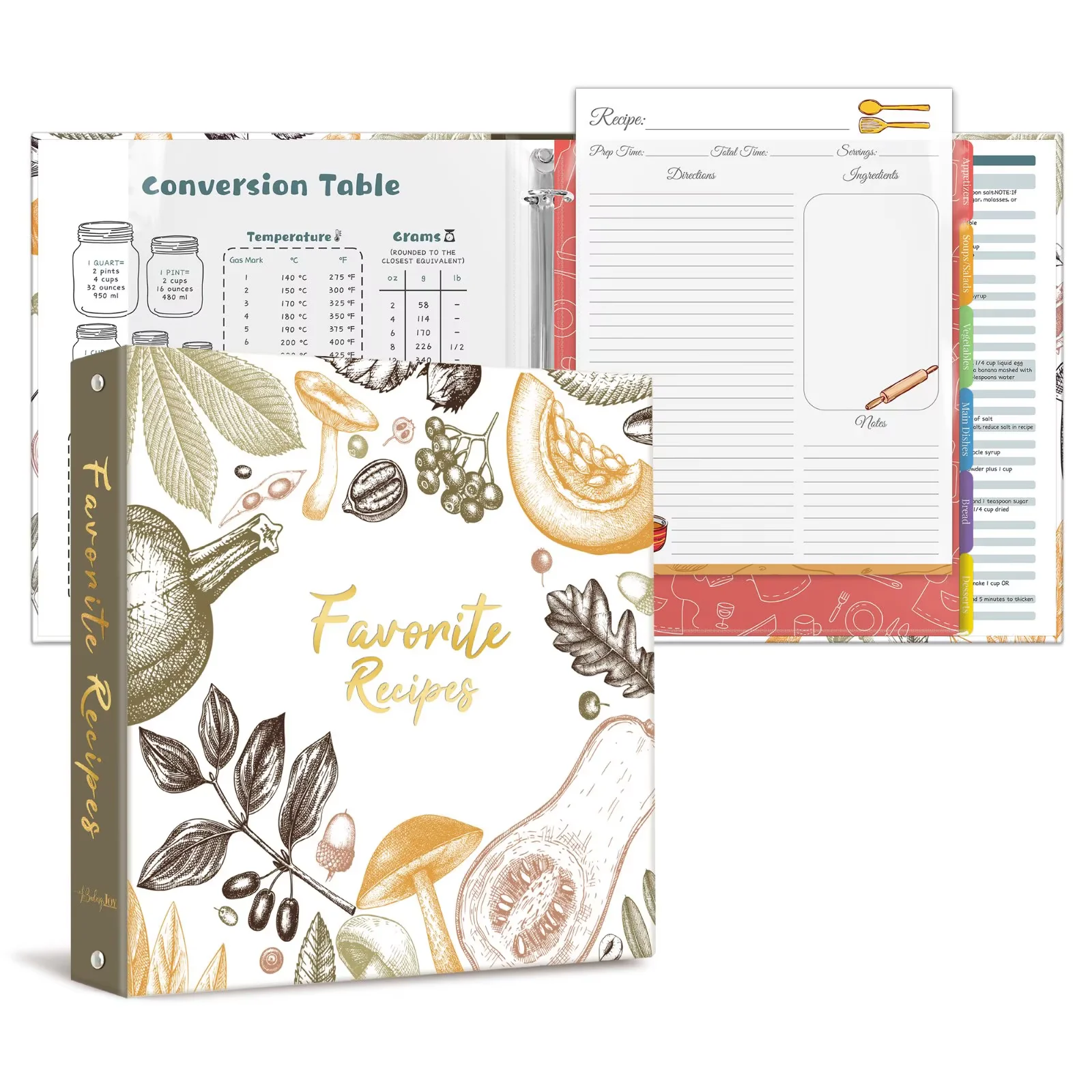 Recipe Binder 8.5x11 3 Ring with Plastic Sleeves & 30 Blank Full-Page Recipe Cards, Cookbook Binder to Write in Your Own Recipes (Color Veggies)