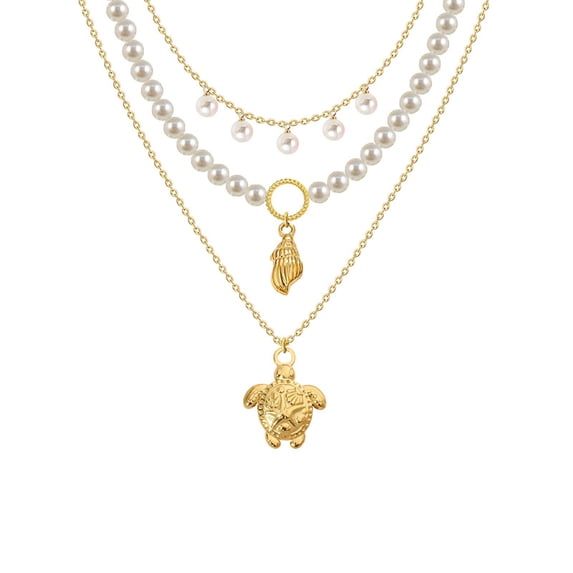 LuLiaMenton 3PCS Faux Pearl Necklace Gold Plated Conch Sea Turtle Pendant Beach Vacation Women Accessory