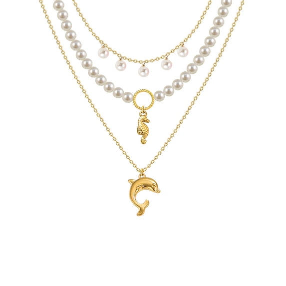 LuLiaMenton 3PCS Faux Pearl Necklace Gold Plated Seahorse Dolphin Pendant Ocean Summer Jewelry for Women