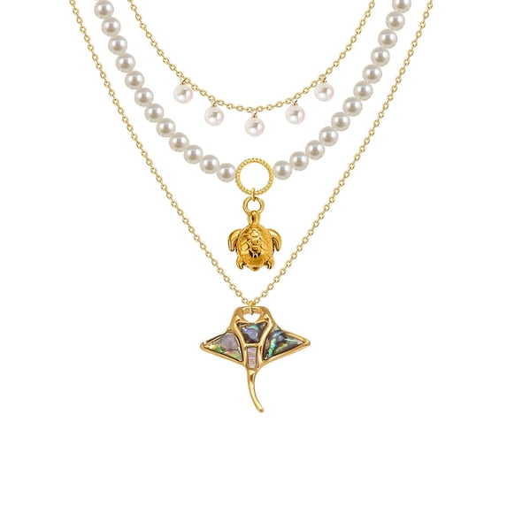 LuLiaMenton 3PCS Faux Pearl Necklace Gold Plated Turtle Manta Ray Abalone Shell Pendant Beach Women Necklace
