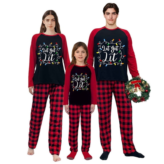 LuLiaMenton Christmas Pajamas, Let's Get Lit Print, Red Plaid Matching PJs, Plus Sizes, 9-10Y-Kid