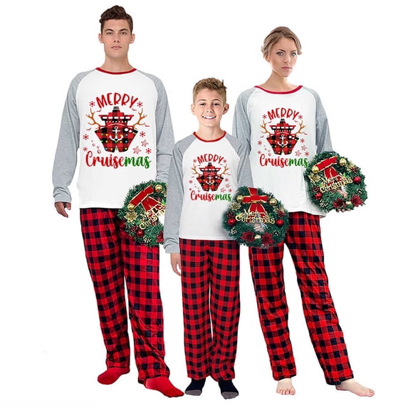 LuLiaMenton Christmas Pajamas, Merry Cruisemas Print, Red Plaid Matching PJs, Plus Sizes, Womens 2XL