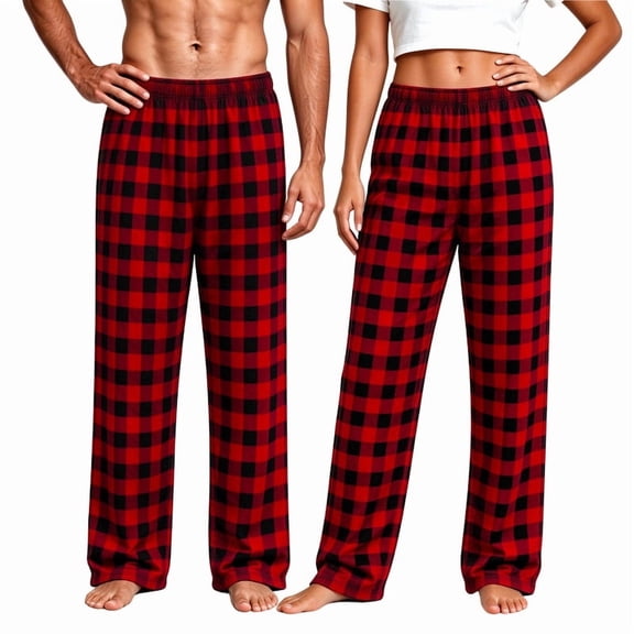 LuLiaMenton Couples Christmas Pajama Pants Red Buffalo Plaid Lounge Sleepwear Elastic Waist