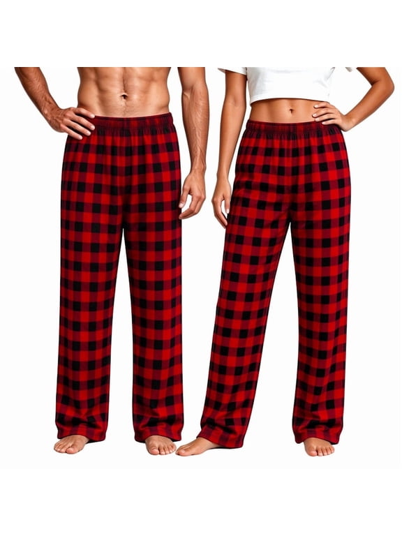 Couples Christmas Pajama Pants Red Buffalo Plaid Lounge Sleepwear Elastic Waist
