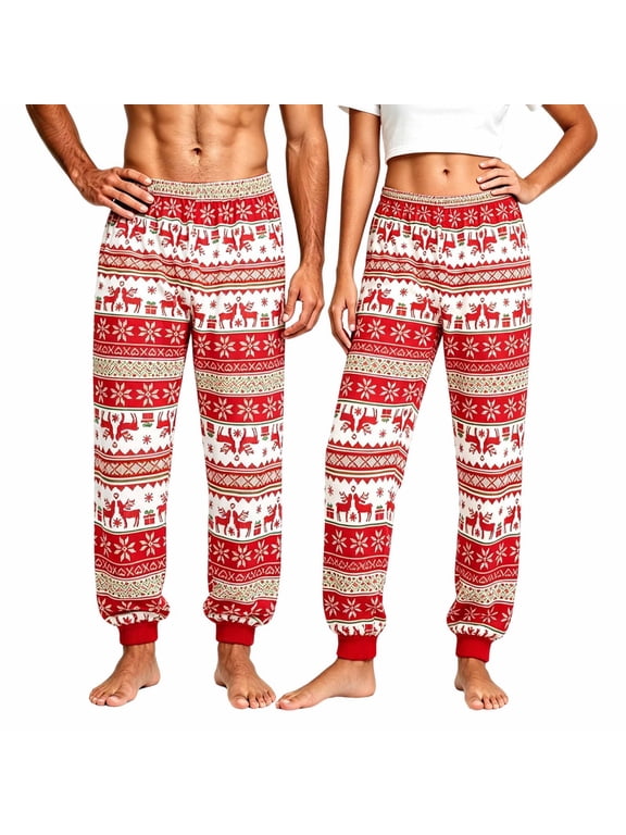 Couples Christmas Pajama Pants Red Reindeer Jogger Lounge Sleepwear Elastic Waist