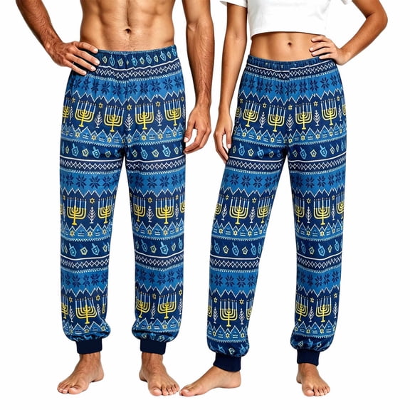 LuLiaMenton Couples Hanukkah Pajama Pants Blue Menorah Dreidel Jogger Sleepwear Elastic Waist