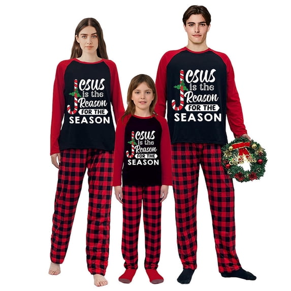 LuLiaMenton Family Christmas Pajamas, Red Black Plaid Jesus Season Matching Sleepwear, 8-9Y-Kid