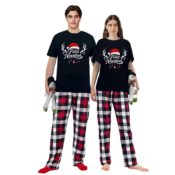 LuLiaMenton Feliz Navidad Antlers Black Matching Couples Christmas Pajamas Plaid Short Sleeve