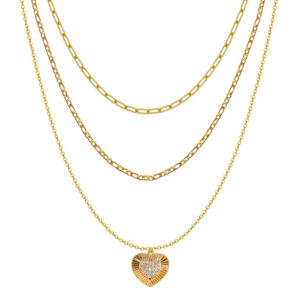 LuLiaMenton Goldtone Triple Layered Necklace, CZ Heart Pendant Stacked Chain