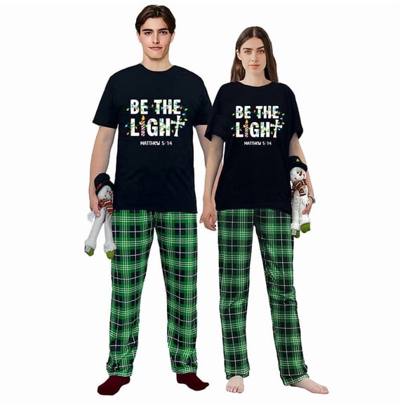 LuLiaMenton Matching Couples Christmas Pajamas Be The Light Plaid Short Sleeve Long Pants Set