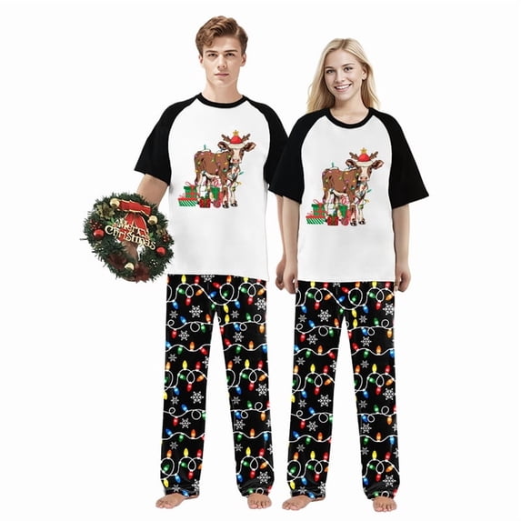 LuLiaMenton Matching Couples Christmas Pajamas Christmas Cow Short Sleeve Long Pants Set