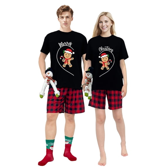LuLiaMenton Matching Couples Christmas Pajamas Gingerbread Red Plaid Short Sleeve Shorts Set