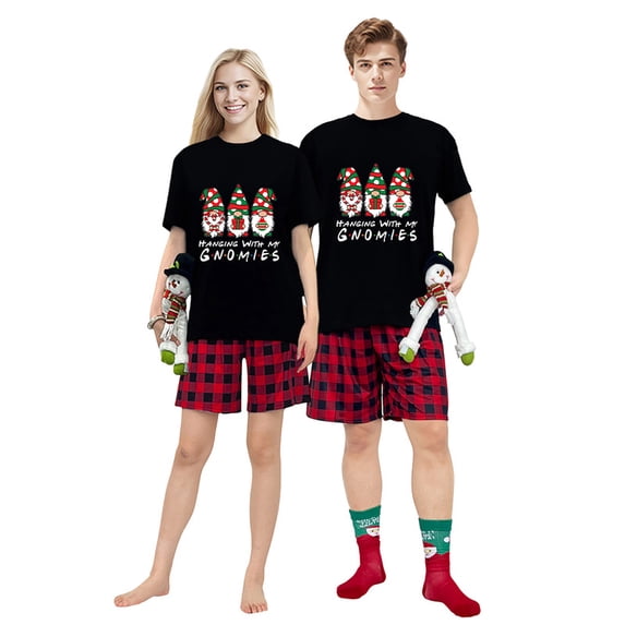 LuLiaMenton Matching Couples Christmas Pajamas Hanging Gnomies Plaid Short Sleeve Shorts Set