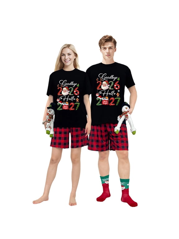 Matching Couples Christmas Pajamas Hello Plaid Short Sleeve Shorts Set