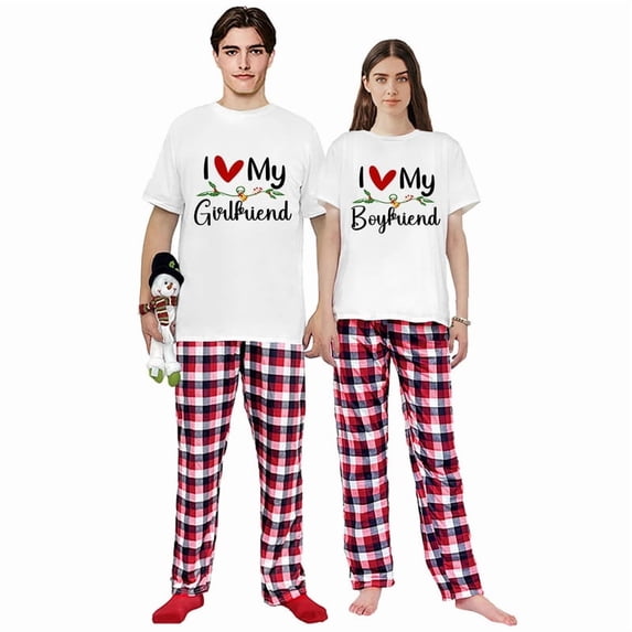 LuLiaMenton Matching Couples Christmas Pajamas I Love You Plaid Short Sleeve Long Pants Set