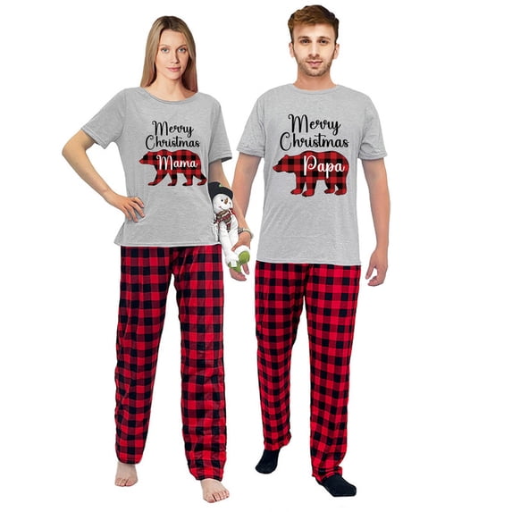 LuLiaMenton Matching Couples Christmas Pajamas Mama Papa Red Plaid Short Sleeve Long Pants Set