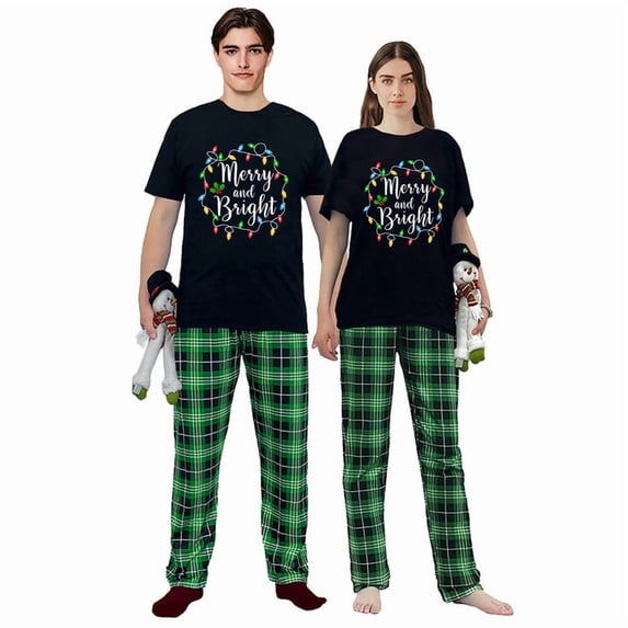 LuLiaMenton Matching Couples Christmas Pajamas Merry And Bright Plaid Short Sleeve Long Pants Set