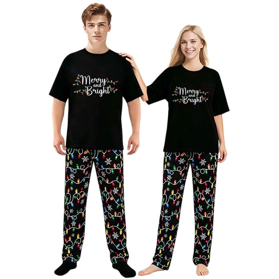 LuLiaMenton Matching Couples Christmas Pajamas Merry And Bright Short Sleeve Long Pants Set