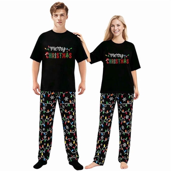 LuLiaMenton Matching Couples Christmas Pajamas Merry Christmas Short Sleeve Long Pants Set
