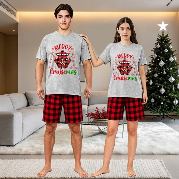 LuLiaMenton Matching Couples Christmas Pajamas Merry Cruisemas Plaid Short Sleeve Shorts Set