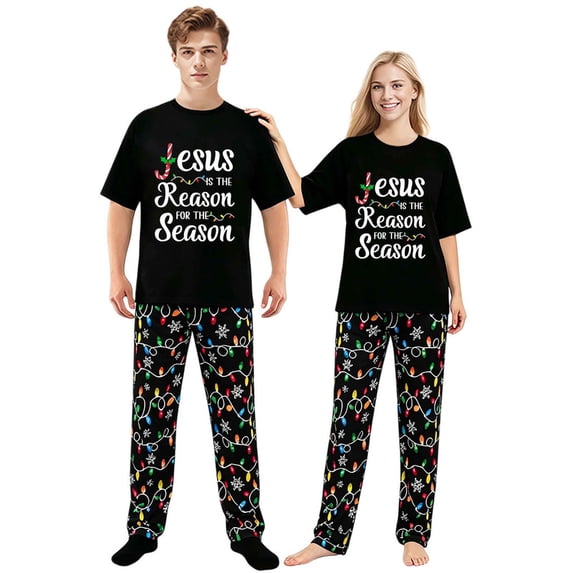 LuLiaMenton Matching Couples Christmas Pajamas Reason For Season Short Sleeve Long Pants Set