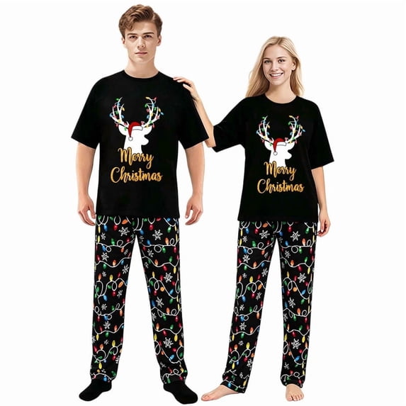LuLiaMenton Matching Couples Christmas Pajamas Reindeer Lights Short Sleeve Long Pants Set