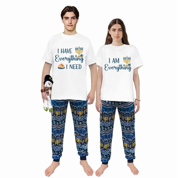 LuLiaMenton Matching Couples Hanukkah Pajamas Everything I Need Short Sleeve Long Pants Set